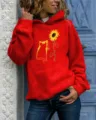 Women red hooded sweatshirt with cute cat sunflower graphic print long sleeve casual pullover. - S / Tops / Red