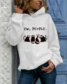 Casual long sleeve hooded sweatshirt for women featuring funny cat graphic and lettering print. - S / Tops / White