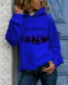 Blue long sleeve hooded sweatshirt with cute cat graphic print and stylish lettering text. - Sapphire Blue