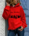 Detailed view of red hooded sweatshirt featuring funny cat graphic and text front design. - S / Tops / Red