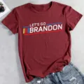 Burgundy short sleeve t-shirt with Let's Go Brandon graphic print, casual crewneck top. - Burgundy