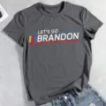 Close-up detail of the dark grey short-sleeve t-shirt featuring let's go brandon print graphic. - Dark Gray