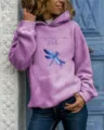 Casual purple long-sleeve hooded sweatshirt featuring a blue dragonfly print and text. - Light Purple
