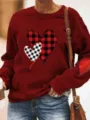 Valentine day red long sleeve crewneck sweatshirt with buffalo plaid heart print and elbow patch. - Burgundy