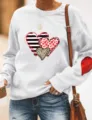 Women Heart Print Fleece Sweatshirt Casual Long Sleeve Pullover Valentine's Day Top - S / Tops / White