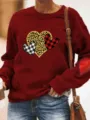 Women red sweatshirt long sleeve heart leopard print casual pullover top for autumn winter - Burgundy