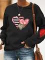 Schwarzes Damen Sweatshirt mit Herz Print Langarm Rundhalsausschnitt Freizeit Pullover. - Schwarz