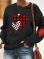 Women casual crewneck long sleeve sweatshirt with buffalo plaid heart print and elbow patch. - Black