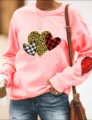 Women Valentine Heart Print Fleece Sweatshirt Casual Crewneck Long Sleeve Pullover Top - Pink