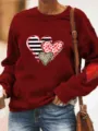 Damen Valentinstag Herz Druck Langarm Rundhals Sweatshirt Rotes Casual Pullover Top 2024 - Burgunderrot