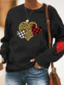 Casual Valentine heart print fleece sweatshirt, comfortable long sleeve daily wear top. - Black