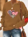 Brauner Valentinstag Herz Print Pullover Langarm Fleece Sweatshirt Damen Freizeit - Khaki