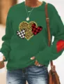 Women casual green long sleeve sweatshirt with cute heart leopard print and patchwork design. - Green