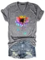 Grey V-neck short sleeve t-shirt with colorful sunflower puzzle graphic and denim shorts. - S / Tops / Gray