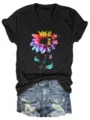 Women casual V-neck short sleeve t-shirt with colorful sunflower puzzle graphic and denim shorts. - S / Tops / Black