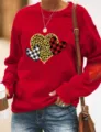 Red sweatshirt for women featuring cute leopard and plaid heart print long sleeves casual top. - S / Tops / Red