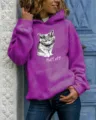 Casual long sleeve hooded sweatshirt for women featuring cute cat graphic and funny text. - S / Tops / Purple