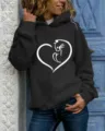 Cat heart print black hoodie detail view, casual long sleeve hooded sweatshirt for women. - S / Tops / Black