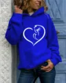 Women long sleeve hooded sweatshirt in royal blue featuring a cute heart and cat graphic print. - Blue
