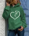 Women casual green hoodie with cute cat heart graphic print, long sleeve pullover sweatshirt. - Green