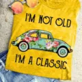 Vintage beetle car graphic print women short sleeve t-shirt, casual summer yellow top. - S / Tops / Yellow