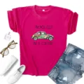 Women's hot pink short sleeve t-shirt with vintage beetle car graphic print casual top - S / Tops / Rose Red
