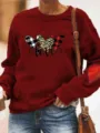 Women Valentine's Day Heart Print Crewneck Long Sleeve Casual Pullover Sweatshirt - Burgundy