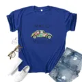 Blue vintage car print short sleeve t-shirt casual women round neck summer top fashion - S / Tops / Blue