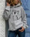 Grey hoodie featuring a funny cartoon cat graphic print, long sleeves and casual streetwear. - S / Tops / Gray