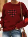Sweat-shirt à manches longues et col rond en molleton rouge avec cœur à carreaux pour femmes. - Bordeaux