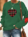 Femme sweat shirt vert a carreaux coeur manches longues casual pull col rond haut - Vert