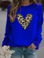 Women's Royal Blue Leopard Heart Print Fleece Sweatshirt Casual Long Sleeve Pullover Top - Blue