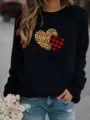 Casual Women Valentine Leopard Heart Print Long Sleeve Fleece Pullover Sweatshirt Black - Black