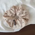Korean style pleated polka dot scrunchie for women, elegant hair tie and elastic hair band. - Beige
