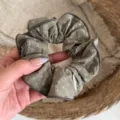 Vintage brown floral fabric scrunchie with dark piping, soft elegant hair tie for women. - Scrunchie / Green Floral