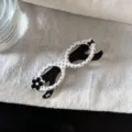 Cute black and white polka dot glasses shape hair clip with flower decor, sweet duckbill hair accessory. - White Frame Glasses Clip with Small Flower