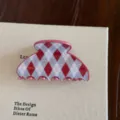 Pince à cheveux en acétate style coréen avec motif de losanges roses et blancs classique. - Petite Forme d'éventail / Rouge