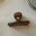 Dettaglio in primo piano della molletta per capelli marrone lucida con molla in metallo. - Caffè