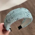 Elegant wide blue tweed headband with hollow mesh design, chic fashion hair hoop for women. - Blue
