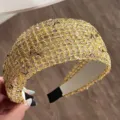 Detail view of yellow tweed mesh wide headband, elegant luxury hair accessory for women. - Yellow