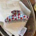 Aesthetic acetate hair claw clip featuring cute strawberry and blue plaid pattern for women styling. - Blue Plaid Strawberry Fan-shaped Claw