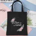 Detail shot of black canvas tote bag with floral frame design, spacious and stylish for daily use - Black & Pink Lace Style (6)