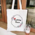 Detail shot of white canvas tote bag with floral geometric frame and Future Mariee print. - White Bowknot Style (8)