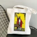 White canvas tote bag featuring a vintage tarot card print, casual shoulder shopping bag. - Vintage Artistic Style / 35x40cm