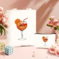 Canvas Tragetasche und Kosmetiktasche Set mit Cocktail Druck, stilvoller Alltags Schultertasche. - Cremeweiß Stil 11