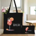 Stofftasche und Kosmetiktasche Set mit Cocktail-Druck, Detailansicht von Stoff und Design. - Schwarzes Modell 7