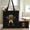 Schwarze Canvas Tragetasche und Etui Set mit elegantem goldenen Prosecco Prinzessin Motiv. - Schwarz Stil 15