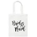 Weisse Canvas Einkaufstasche mit stilvollem Brautjungfern Druck und Ring Motiv für Feiern. - Brides Maid (Diamantring) / 35*40cm