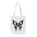 Weisse Segeltuch Tragetasche mit schwarzem Gothic Skelett Schmetterling Grafikdruck. - Skelett Schmetterling Muster Stil / L