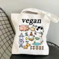 Weißer Leinwand Tragetasche mit süßen veganen Bauernhoftieren Druck Freizeit Schultertasche - Stil 15 (Farm Animals Vegan) / 35x40cm
